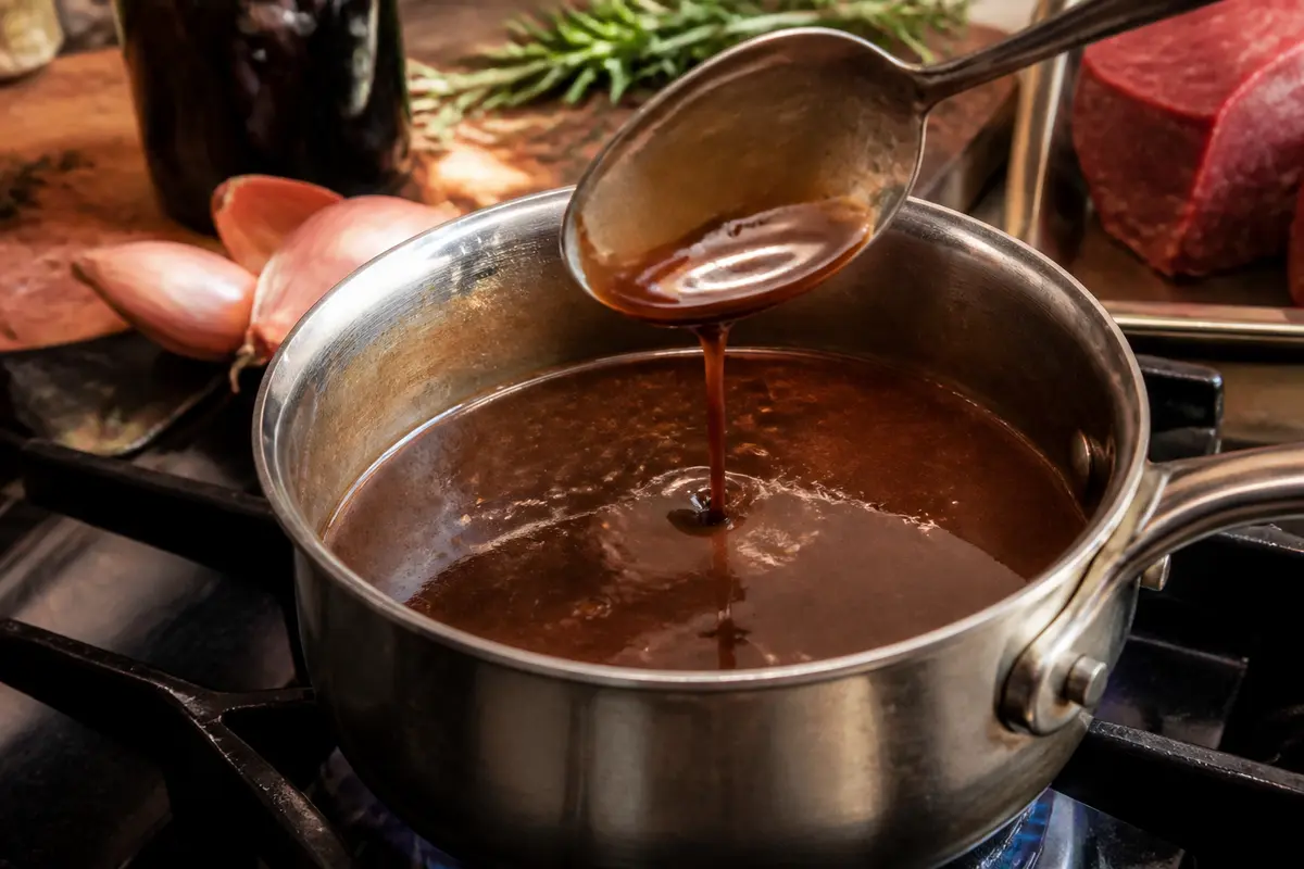 Cuisson de sauce pour viandes rouges à la louche dans une casserole sur le feu