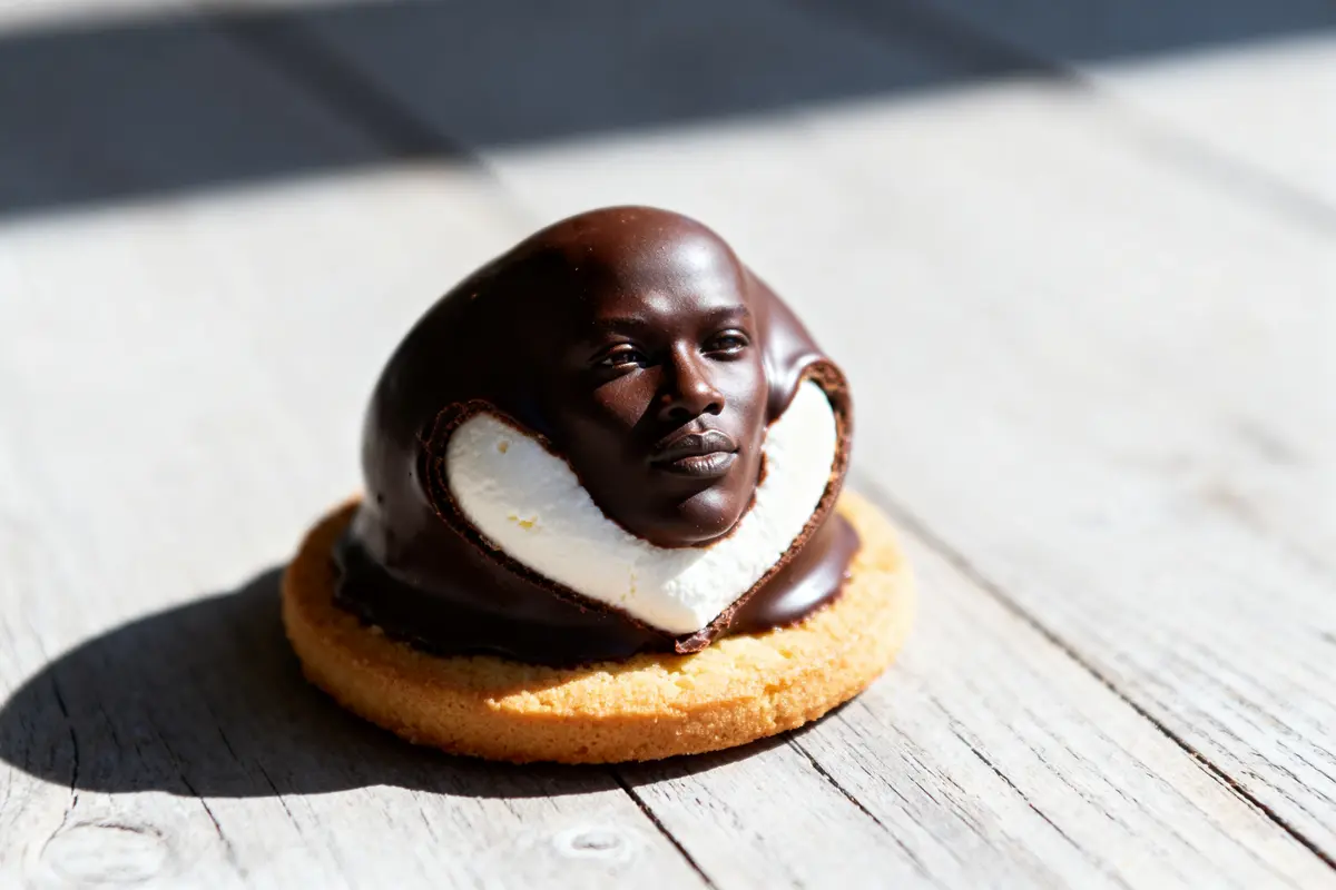 Dessert au chocolat façon tête-de-nègre sur biscuit, visage humain intégré.