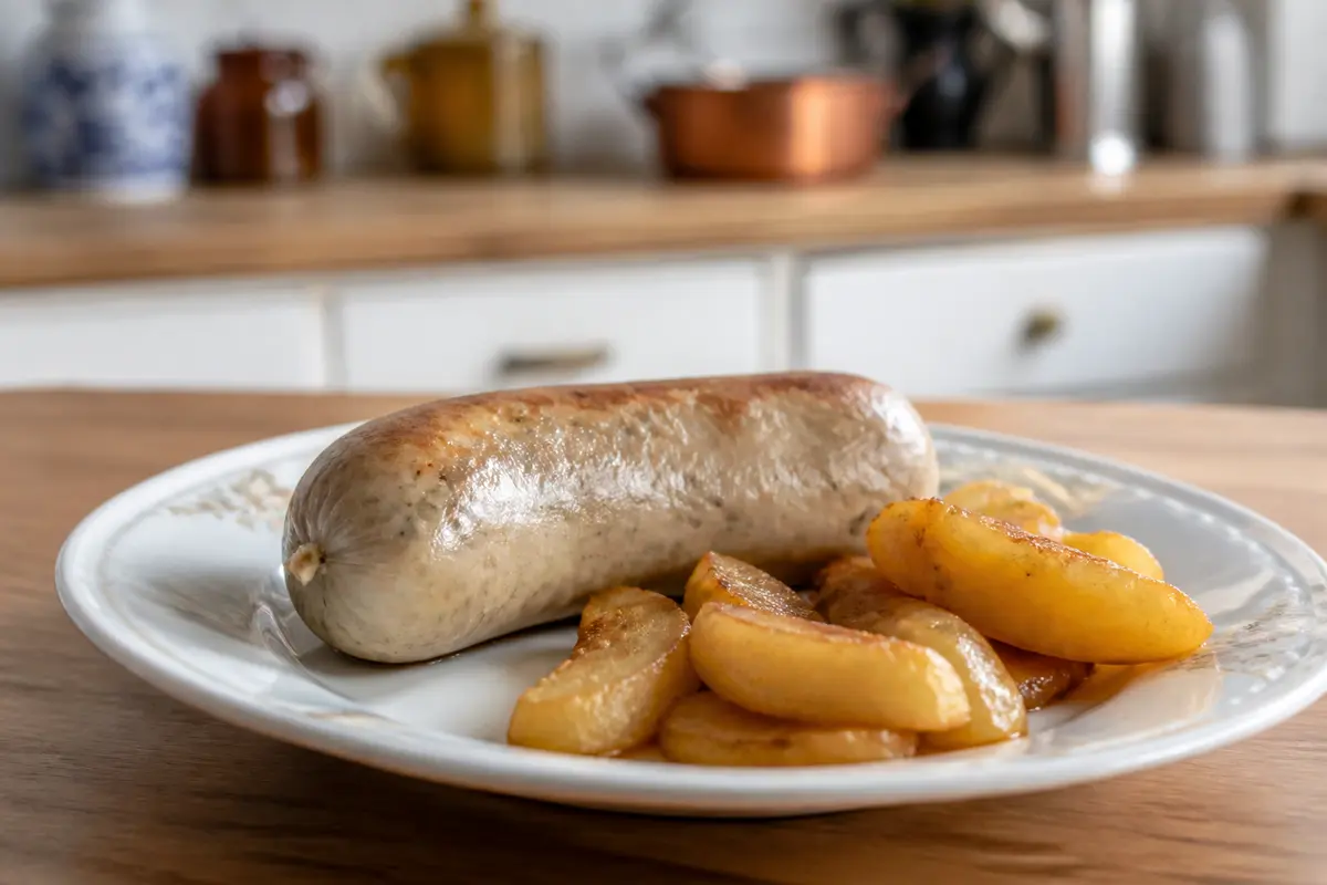 Boudin blanc servi avec pommes de terre dorées en accompagnement du boudin blanc