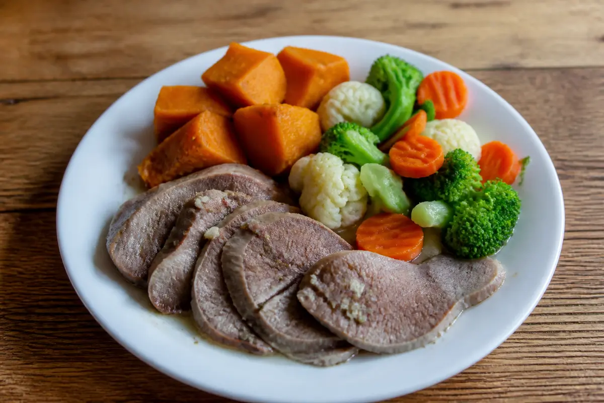 Assiette avec langue de bœuf, légumes variés en accompagnement pour la langue de bœuf