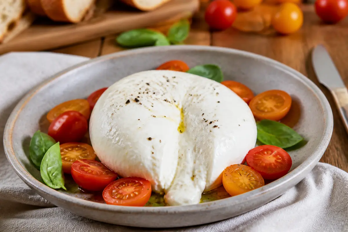 Assiette de burrata entourée de tomates cerises et basilic, avec détails nutritionnels importants