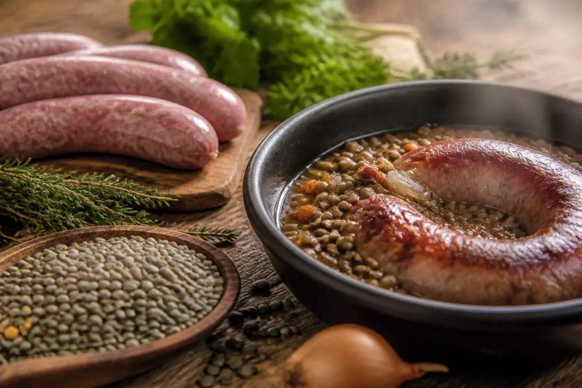 Plat de lentilles et saucisses de Toulouse avec ingrédients frais sur une table rustique