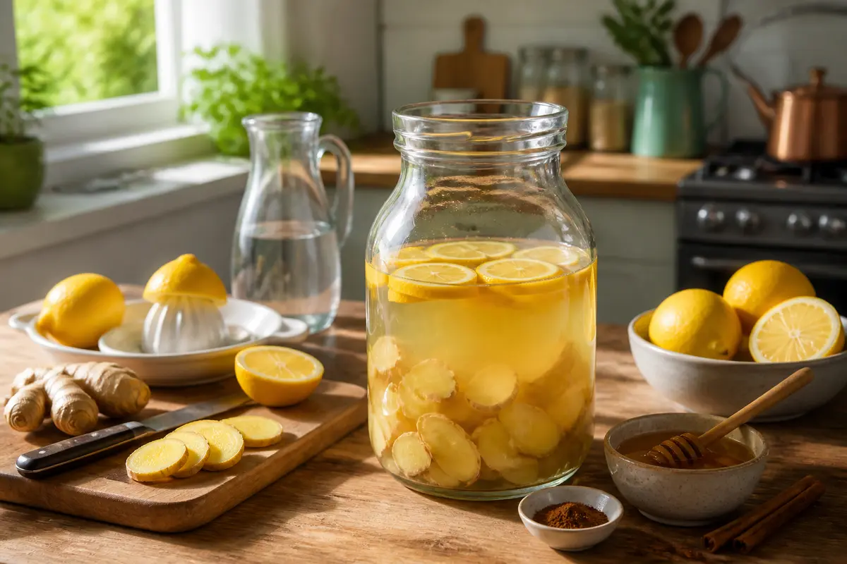 Bocal rempli de citron et gingembre illustrant une recette de jus de gingembre maison.