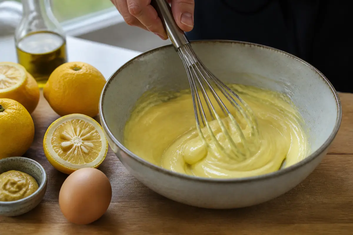 Préparation artisanale d'une recette de mayonnaise au yuzu avec ingrédients frais et ustensiles.