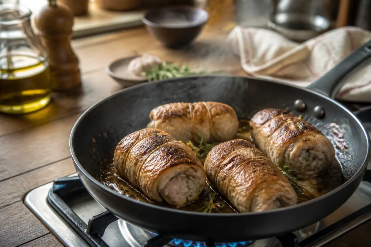 Paupiettes de porc dorées en cuisson sur feu pour recette de paupiette de porc au four