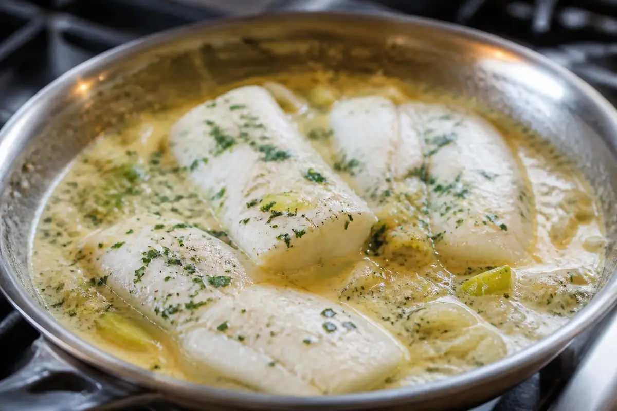 Filets de poisson mijotant dans une sauce crémeuse, illustrant une recette de poisson en sauce